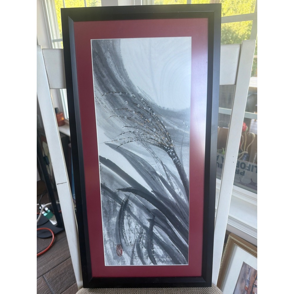 Original Sumi-e Ink Wash Painting, Wind Swept Reeds with Gold Fleck
